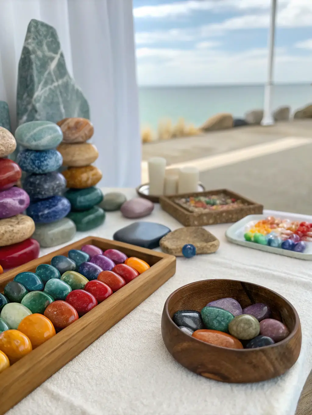 A collection of colorful healing stones used in lithotherapy.