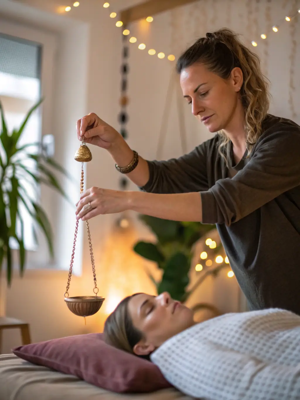 A therapist using a pendulum in a tranquil setting.
