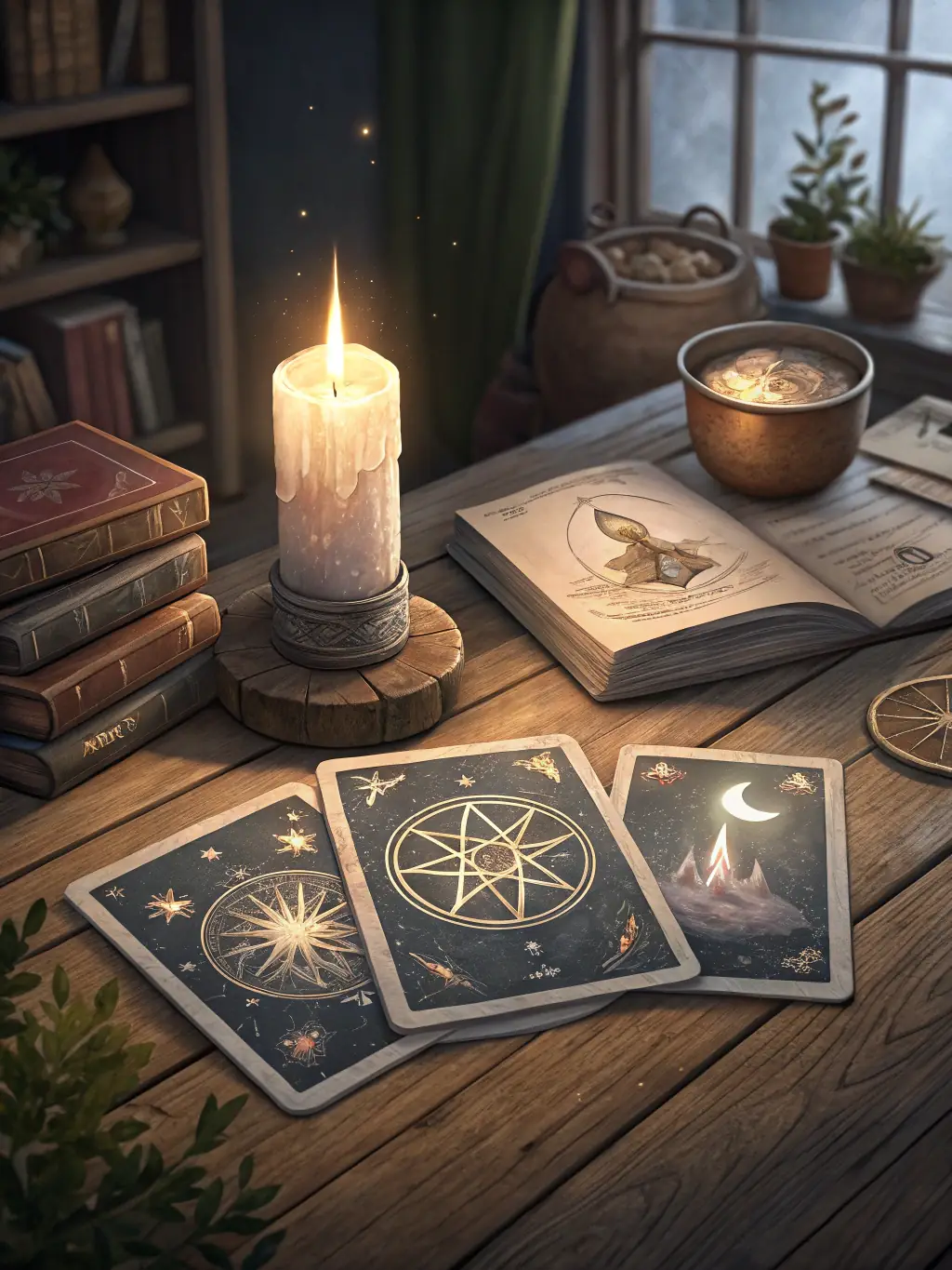 Spiritual guide cards laid out on a table with a candle.