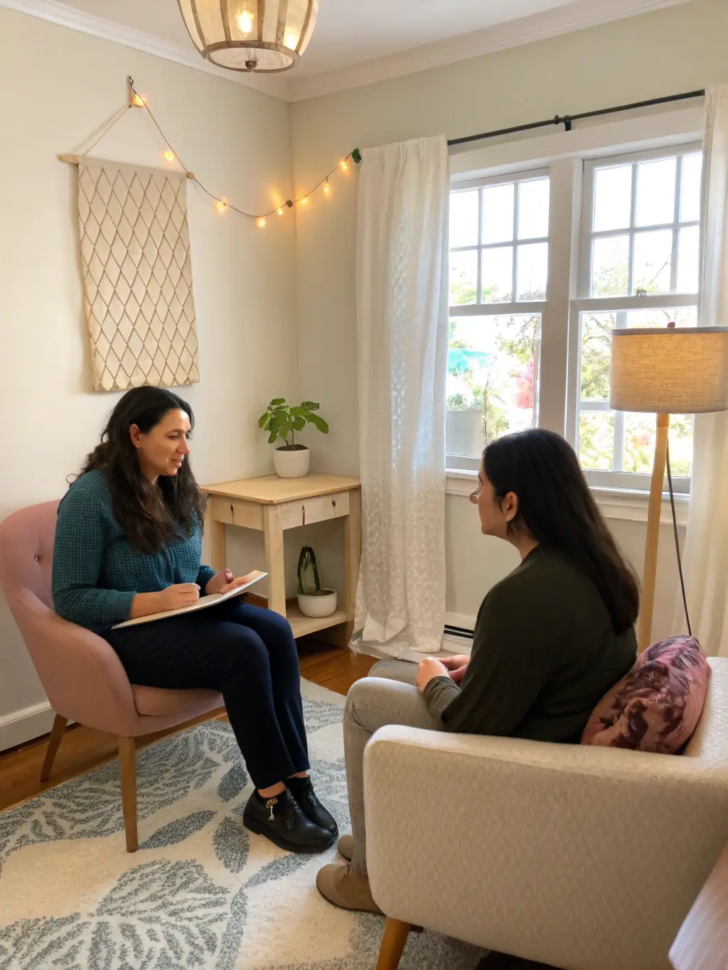 A therapist engaging in a verbal communication session in a calming environment.