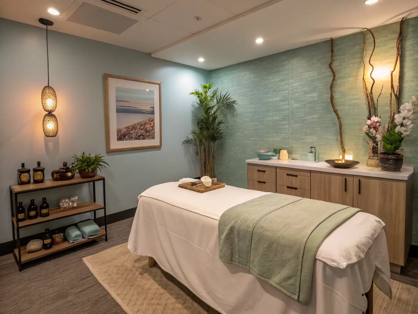 A serene massage therapy room with a prepared massage table.